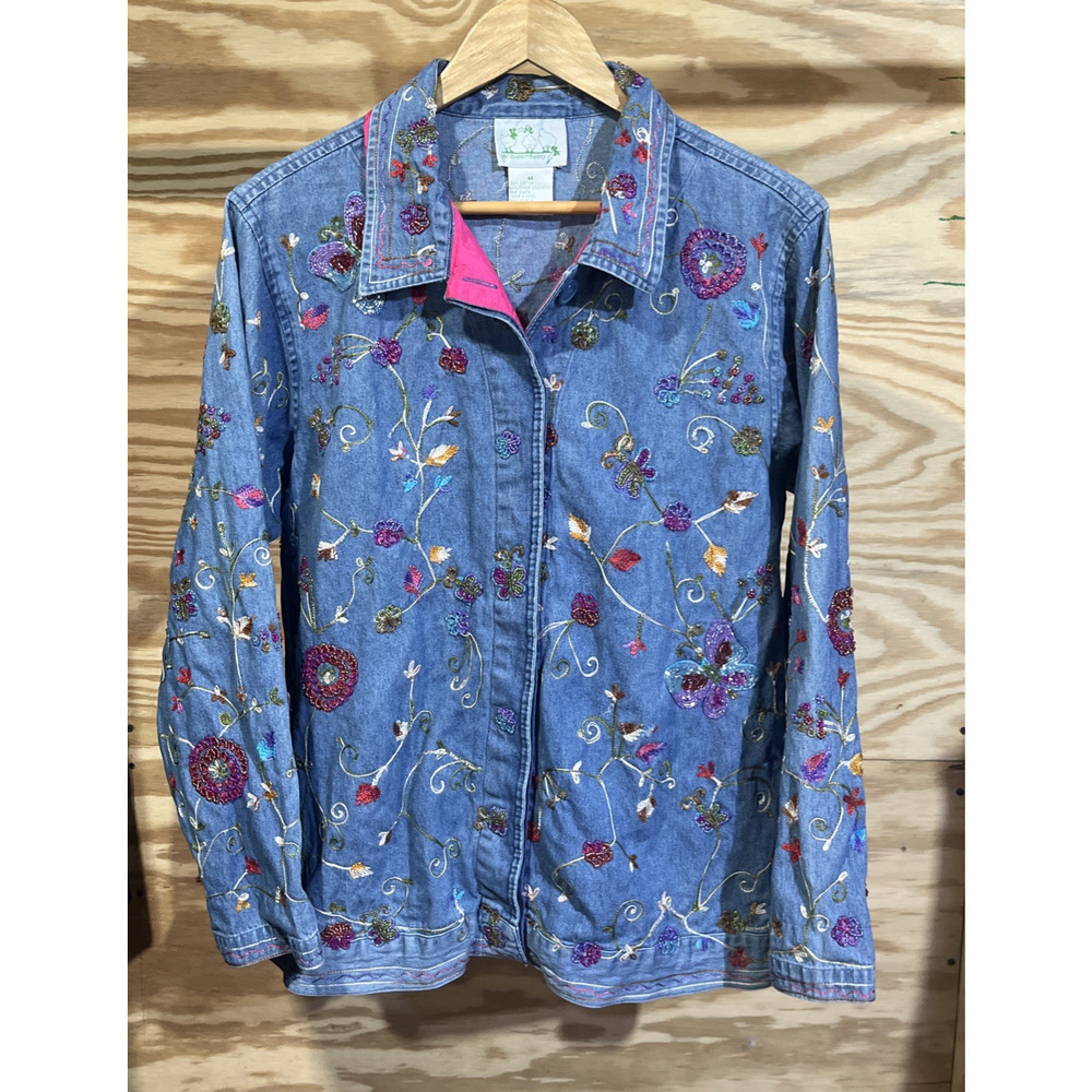 The Quacker Denim Embroidered Floral Beaded Butterfly Jacket Womens Medium Artsy